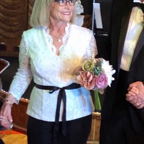 Elegant white lace top with black ribbon self tie. - Picture 7 of 7